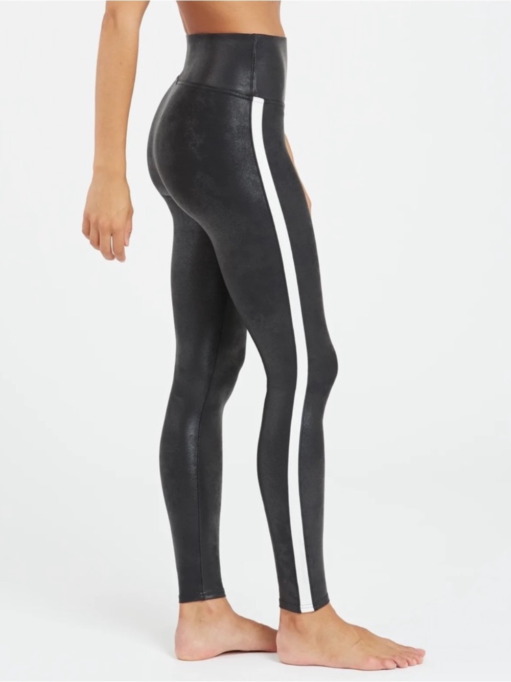 SPANX Women's Faux Leather Side Stripe Leggings Black White Size M